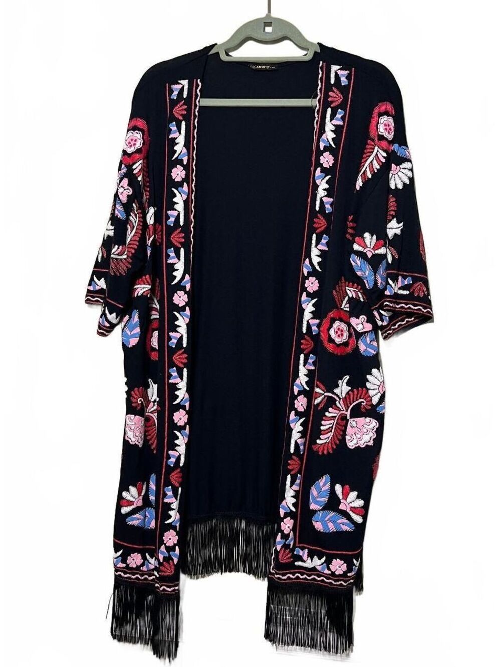 Adyes Black Duster Kimono with Colorful Floral Embroidery and Fringe Large